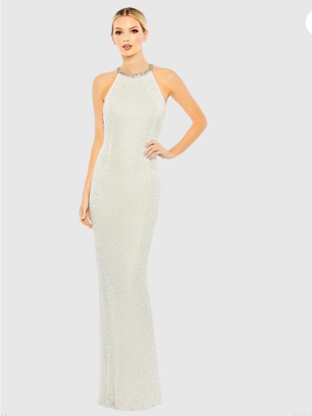 Mac Duggal White Sequin Halter Column Gown with Jeweled Neckline